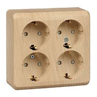 Розетка четырехместная ЭТЮД открытой установки с заземлением со шторками сосна