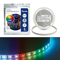 Лента светодиодная, 60SMD(5050)/m 14.4W/m 12V IP65 5m RGB LS607 FERON